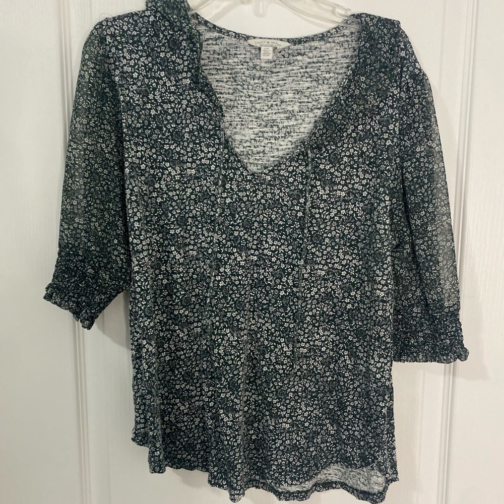Lucky Brand White and Green 3/4 Sleeve Blouse